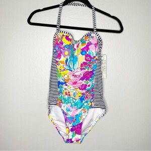 Anne Cole One Peice Floral Shirred Halter Swimsuit